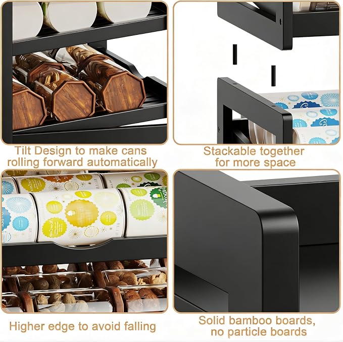 BAMBANG Can Organizer for Pantry, Detachable Bamboo 4 Tier Stackable Can Food Storage Rack, Rolling Soda Can Dispenser Can Holders for Cabinet, Holds Up to 48 Cans, Black