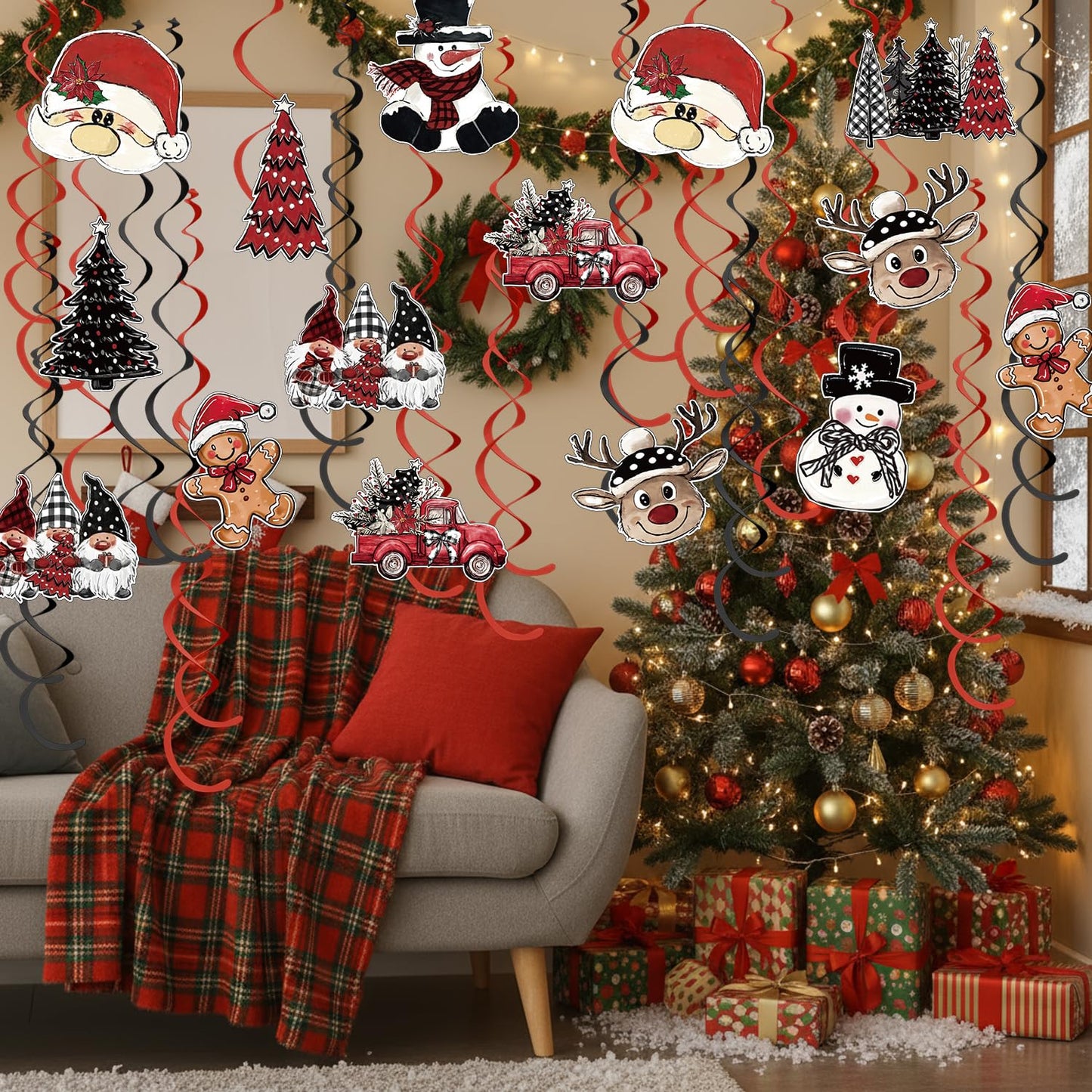 Horaldaily Christmas 30 Pieces Party Hanging Swirl Decorations, Christmas Trees Truck Snowman Santa Claus Gnome Party Hanging Swirls Streamers Ceiling Decor for Home Office Classroom School Supplies
