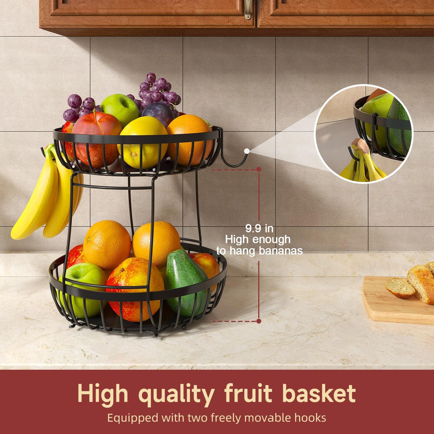 Sevenblue 2 Tier Large Fruit Basket for Kitchen Counter with 2 Banana Hangers, Metal Stackable Fruit Bowl for Kitchen Counter for Bread Vegetable Fruits, Black