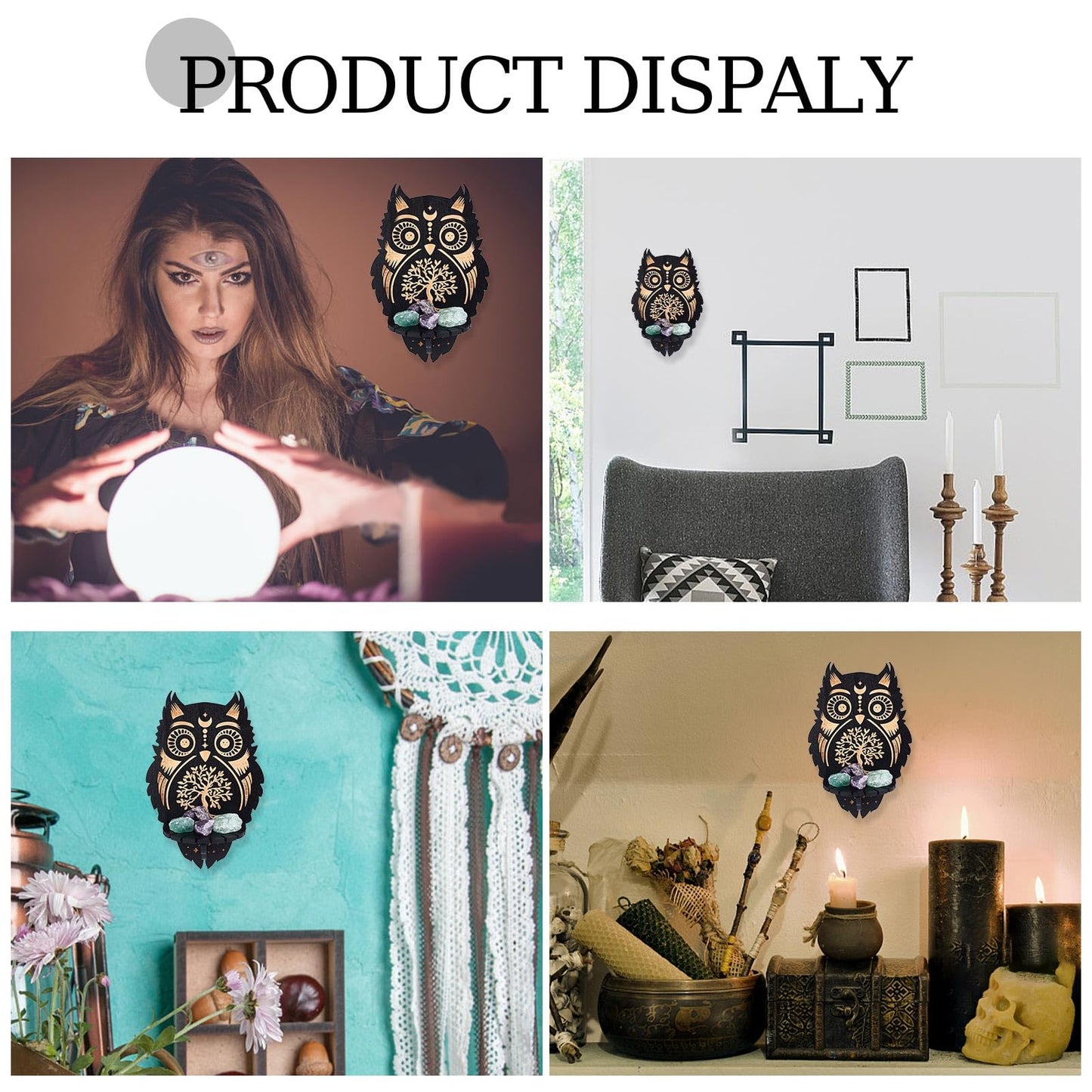 CREATCABIN Crystal Display Shelf Wooden Crystal Wall Shelves Owl Tree of Life Wall Decor Floating Holder Storage Shelf Hanging Altar Witchy Stuff for Stones Essential Oil Spiritual Gift Black 8x6Inch