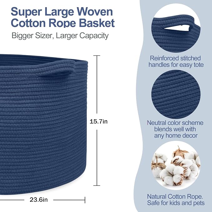 MEGASKET 115L Dark Blue Basket for Organizing, 23.6" x 15.7" XXXL Woven Cotton Rope Laundry Basket, Oversized Blanket Storage for Living Room Bedroom, Kids Toy Box Organizer, Pool Towel Storage Bin