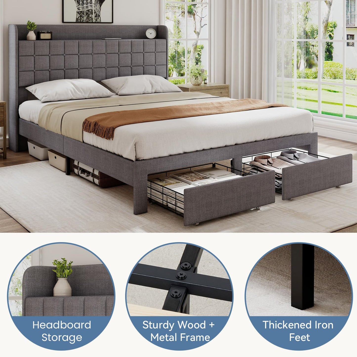 HAPPYMONT Queen Size Upholstered Bed Frame with Storage Drawers, Platform Bed with Fabric Headboard, Wooden Slats Support, No Box Spring Needed, Easy Assembly, Gray