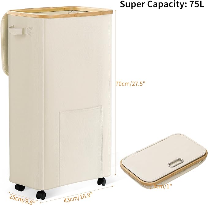Laundry Basket with Wheels, Dirty Clothes Hamper on Wheels, Rolling Tall Laundry Hamper with lid for Laundry Room, Dorm and Bathroom, 75L Beige