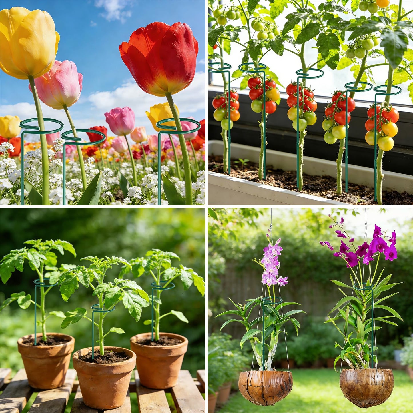 Unves 24 Inch Plant Stakes Tall, 12 Pack Garden Plant Support Stakes,Two Sizes(12" or 24") Single Stem Plant Cage for Outdoor Indoor Plants Orchid, Tomatoes, Peony, Lily, with 100 Pcs Twist Ties