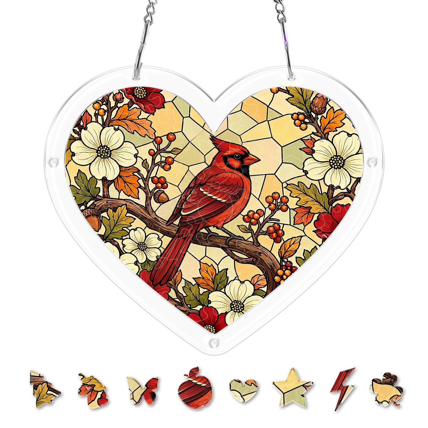 UNIQGIFTS Acrylic Puzzle Suncatcher, Cardinal Heart Sun Catchers Puzzle for Window Hanging, DIY Craft Puzzles for Adults, Ideal Gift for Women, Men, Wife, Mom, Home & Garden Decor, 7.4 in