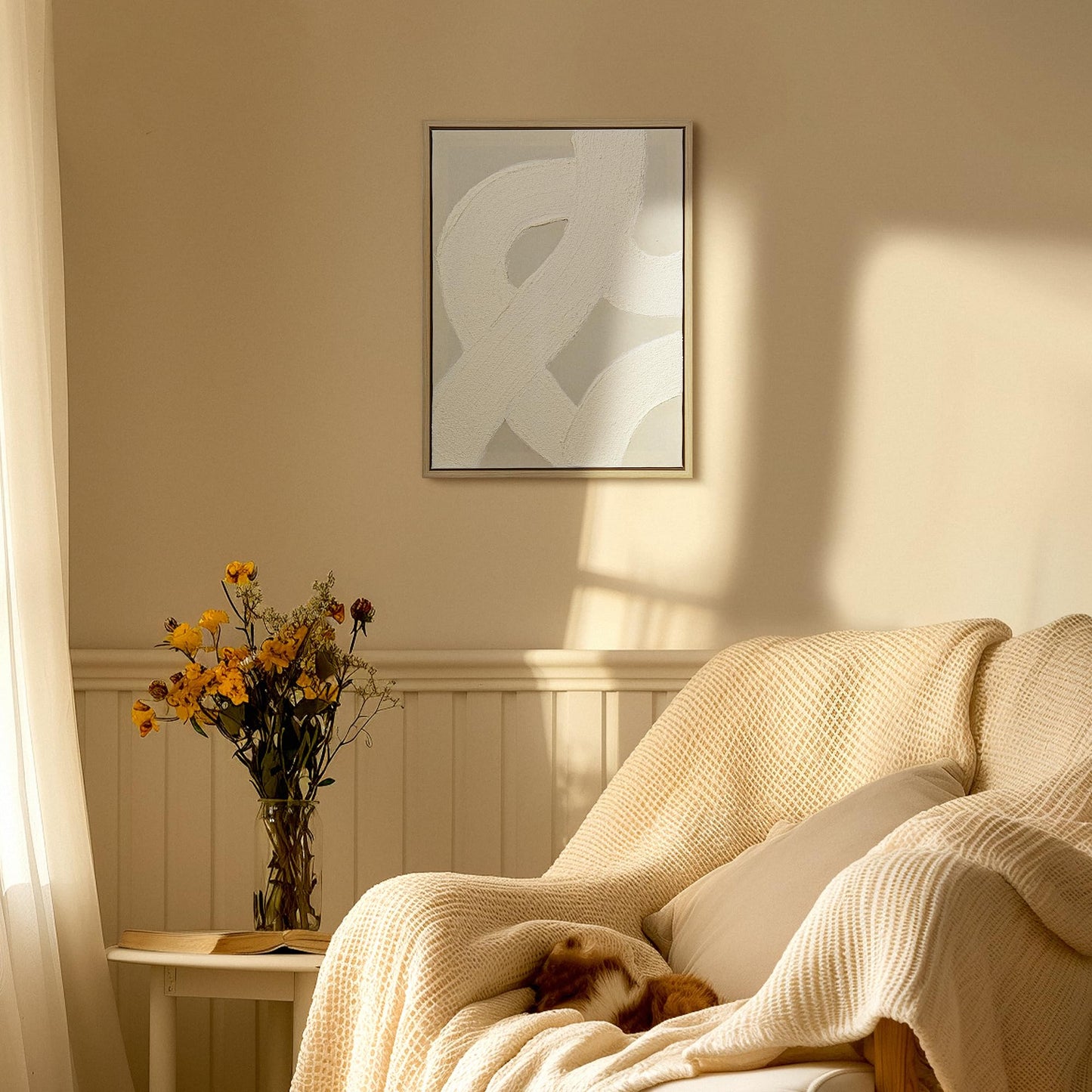 ArtbyHannah Textured Framed Wall Art, Neutral Paintings Hand-painted 3D White Wall Decor with Minimalist Beige Geometric Artwork for Hallway, Office, Hotel Decorations （11x 15 inch）