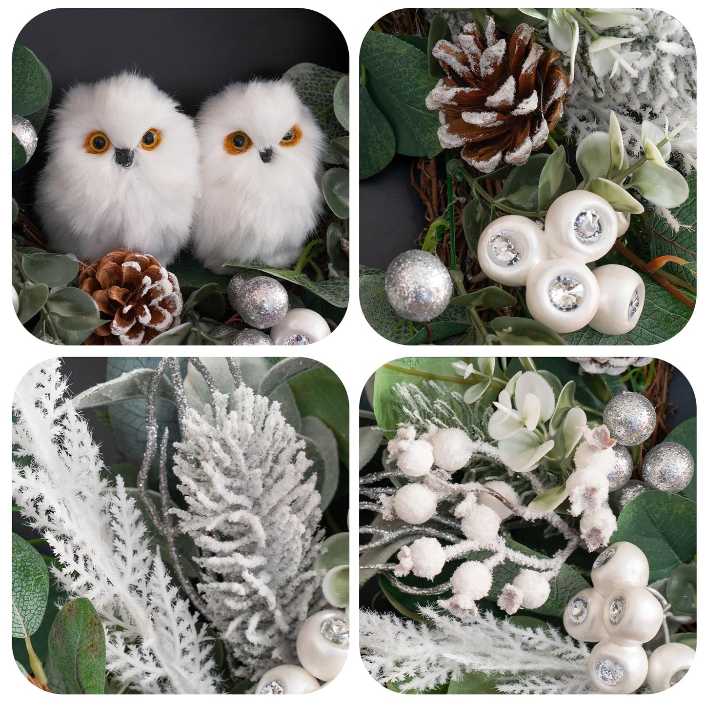 Winter Wreath for Front Door, 24 Inch Christmas Wreath with Owl Decor, Pine Cones, and Evergreen Greenery, Festive Winter Door Decor, Artificial Holiday Farmhouse Rustic Wreath
