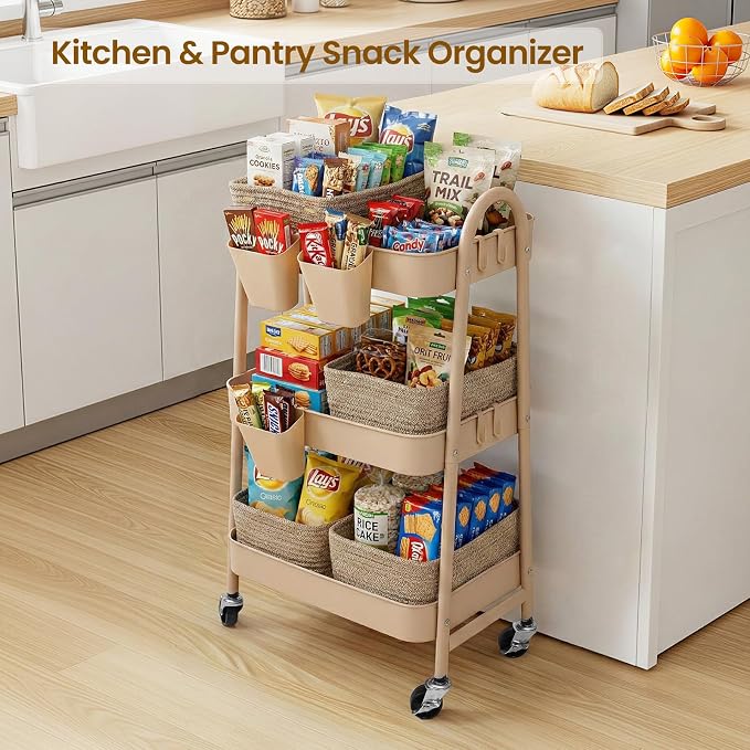 3-Tier Rolling Utility Cart with 4 Woven Baskets, Diaper Book Snack Cart, Storage Organizer for Nursery, Kitchen, Craft Room, Home SPA, Living Room, Metal Frame Trolley on Lockable Wheels, Brown