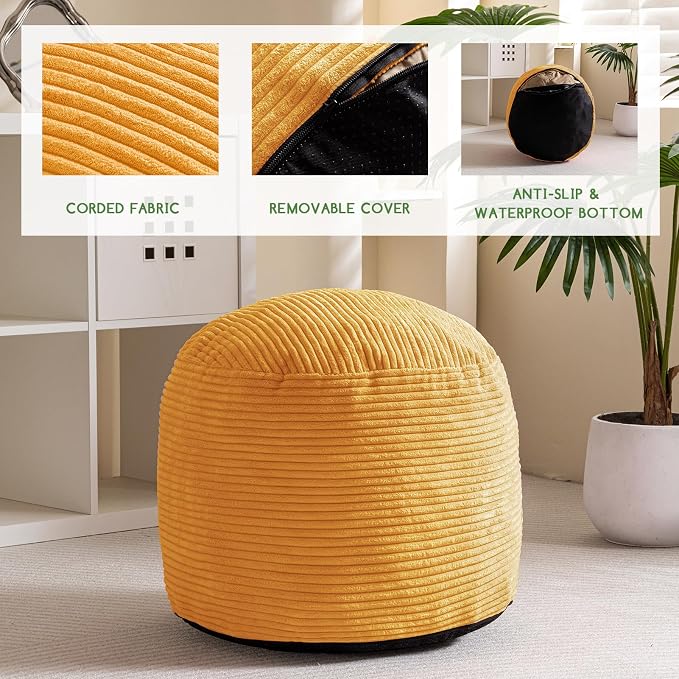 HIGOGOGO Round Stuffed Pouf Ottoman, Corduroy Poufs with Foam Chunk Filling, Furry and Fluffy Pouf Foot Stool Storage Ottoman, 26 X 18 Floor Poufs Foot Rest for Living Room, Orange