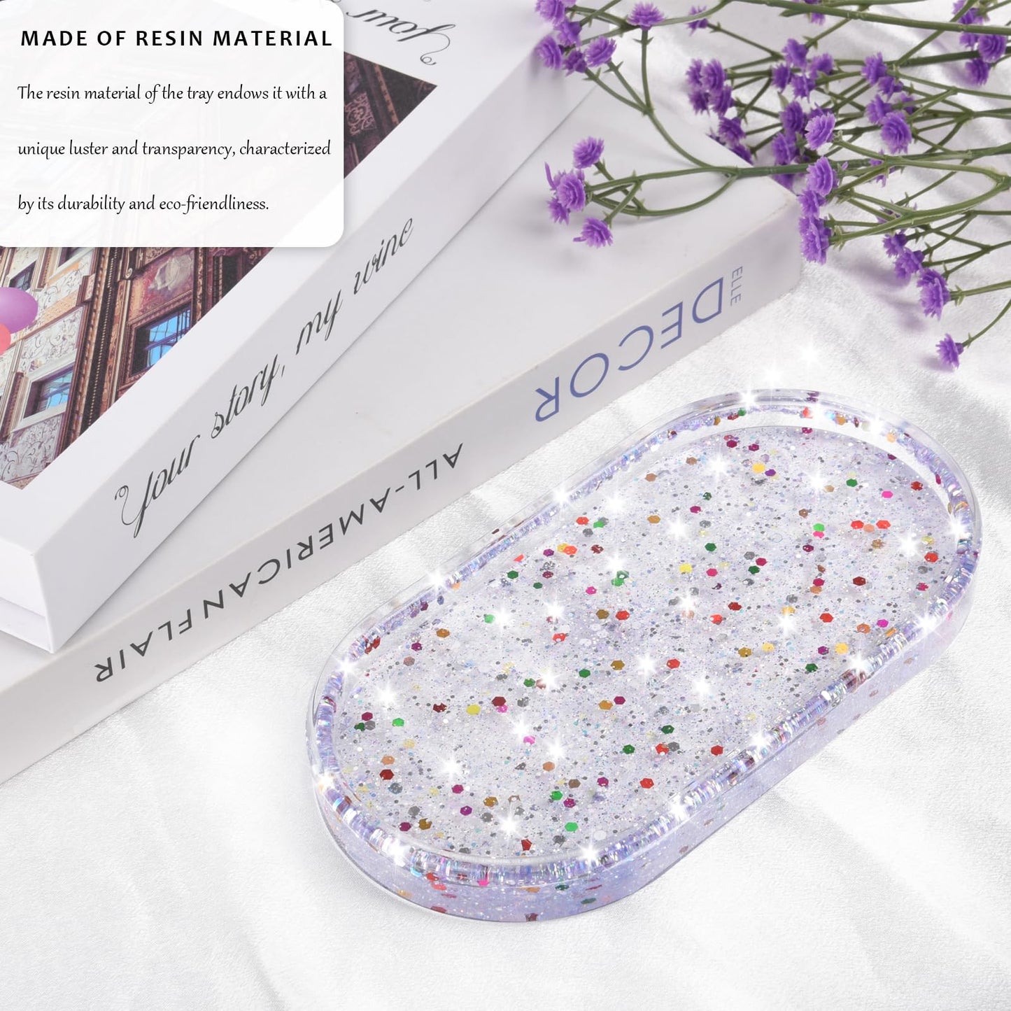 fanhuashijn Jewelry Tray Ring Dish: Resin Trinket Dish with Flash Art - Key Tray - Jewelry Plate Holder for Cute Vanity Decor (1, Transparency Blue)