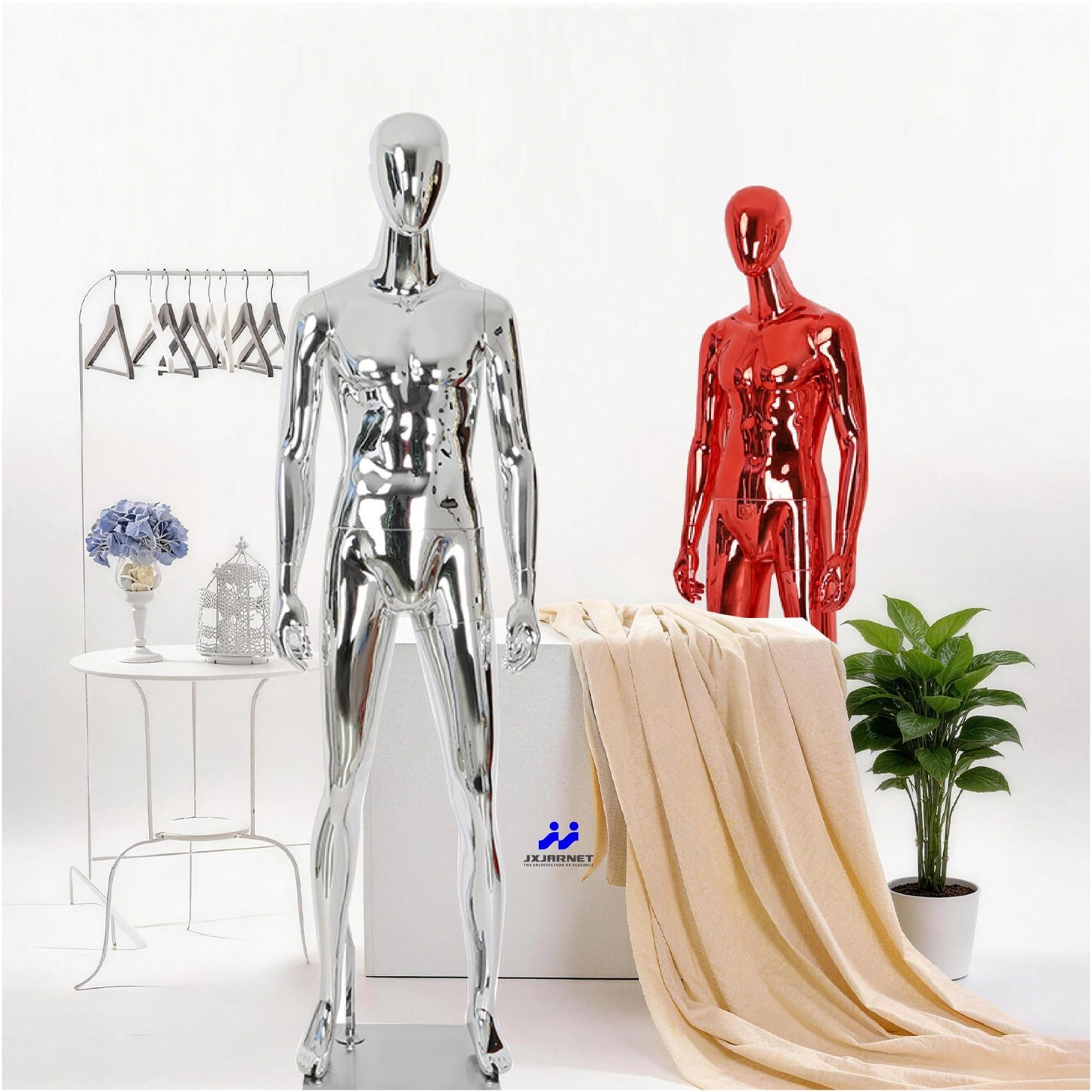 Full Body Male Mannequin with Chrome Metallic Finish, Fiberglass Abstract Dress Form with Posable Head, Futuristic Retail Display Dummy with Metal Base for Men's Fashion Window(Chrome Green)