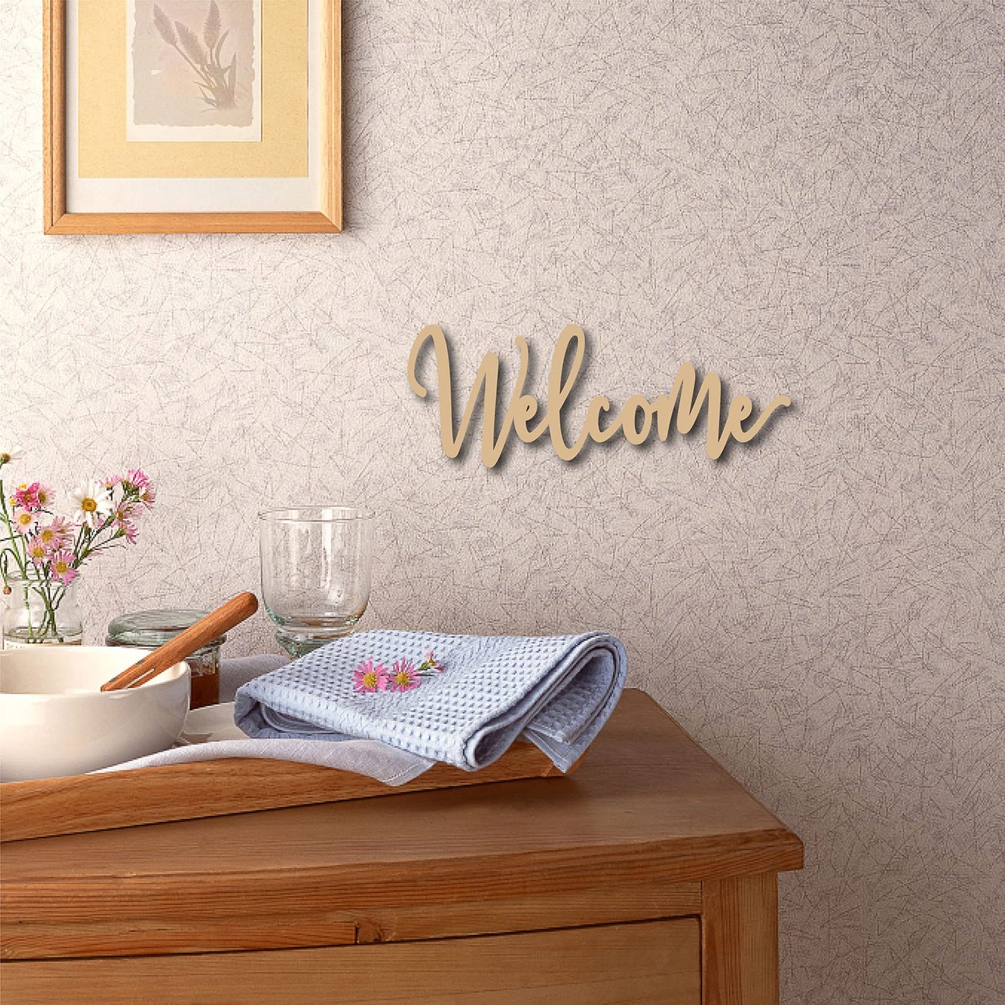 CREATCABIN Welcome Sign Wall Art Decor Welcome Wood Cutout Hanging Welcome Sign Rustic Welcome Sign for Front Door Home Apartment Kitchen Party Garden Farmhouse Porch 12 x 4.7 Inch