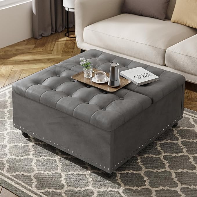 FUXA 35 Inch Large Square Ottoman with Storage, Oversized Ottoman Coffee Table with Lift Top and Wood Legs, Tufted Upholstered Storage Ottoman Bench for Living Room (Gray)