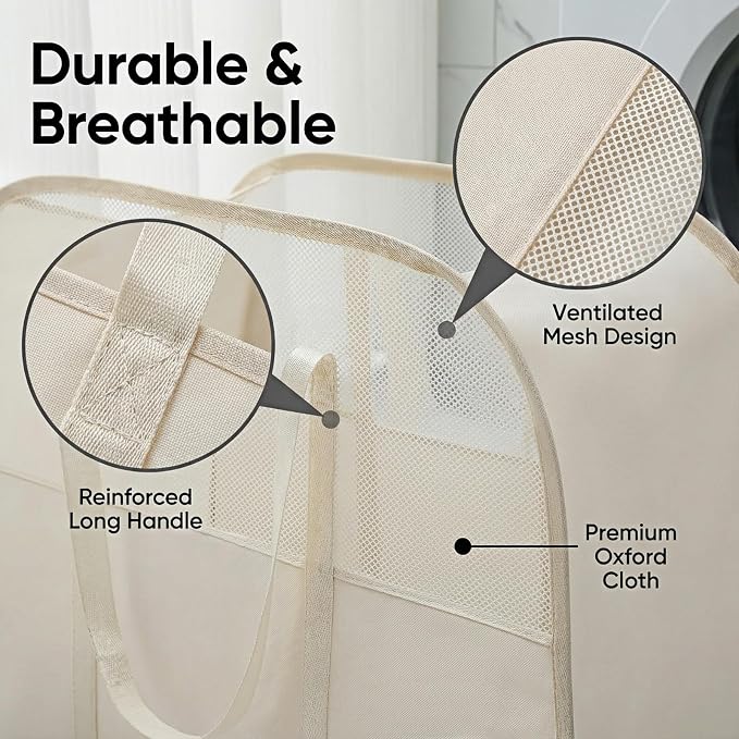 Foldable Laundry Basket with Mesh Window, Large Capacity 95L Dirty Clothes Hamper with Handles, Sturdy Steel Frame,Collapsible Laundry Hamper for Bedroom,Bathroom,Home,Dorm (Beige)