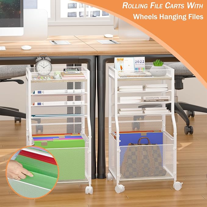 5-Tier Rolling File Cart with Lockable Wheels, Mobile Desk File Organizer Hanging File Folders Paper Letter Sliding Trays, White Wood & Mesh Hanging Folder Drawer Organization for Office, Home, School