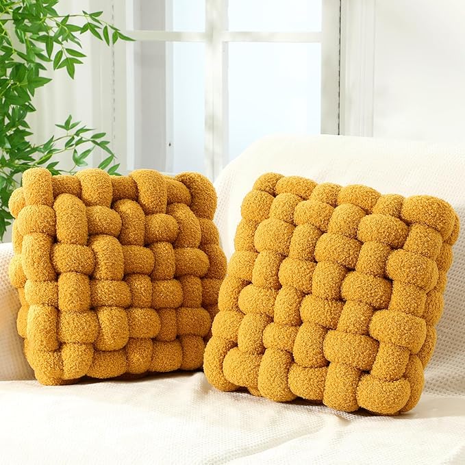 Wenqik 2 Pcs Knot Pillows Square Knotted Plush Throws Soft Accent Pillows Decoration Cushion for Couch Home Office Living Room Bedroom Bed Sofa Decor, 12'' x 13''(Ginger Yellow,Lambswool)