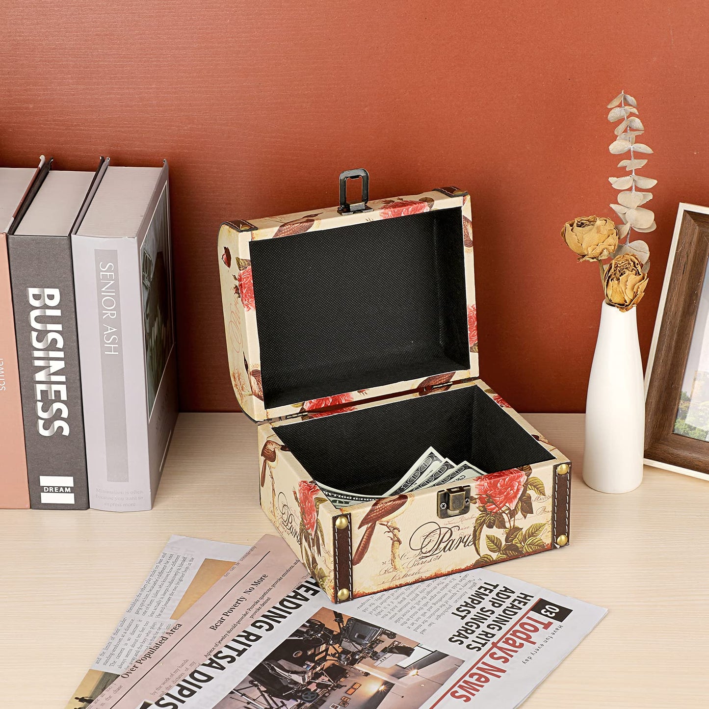 ELLDOO Decorative Treasure Chest Box, Wooden + PU Leather Storage Box for Jewelry Trinkets, Keepsakes box for Girls Women Gifts (Bird + Flower Pattern)