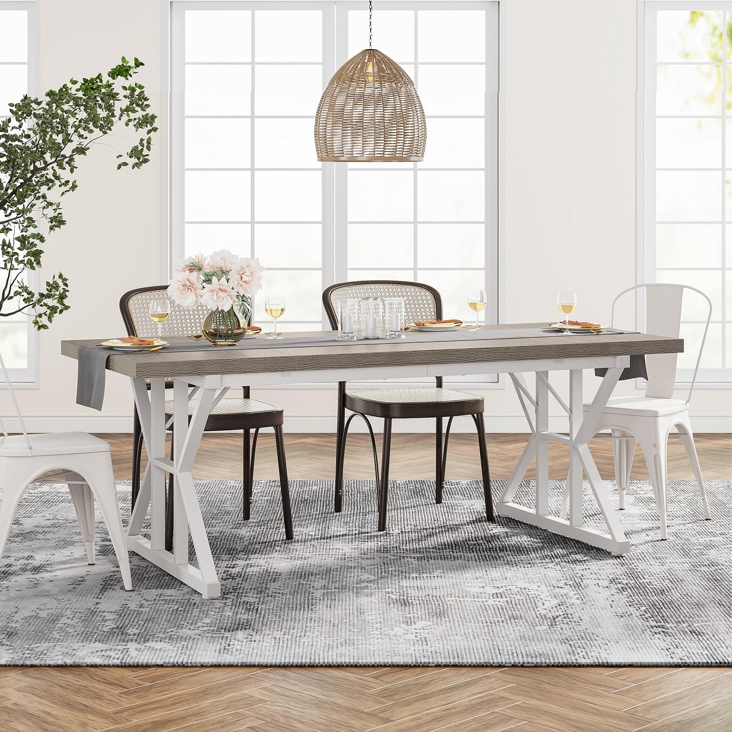 Tribesigns Farmhouse Dining Table for 6 People, 70.8-Inch Rectangular Wood Dining Table, Rustic Kitchen Table with Heavy Duty Metal Legs for Dining Room(Grey)