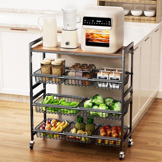 Cinati 4-Tier Utility Kitchen Cart with Wood Top, 29" W Kitchen Storage Cart with 8 Baskets & Handle, Metal Snack Cart with Wheels, Adjustable Pantry Organizer and Storage Cart for Fruit, Vegetables