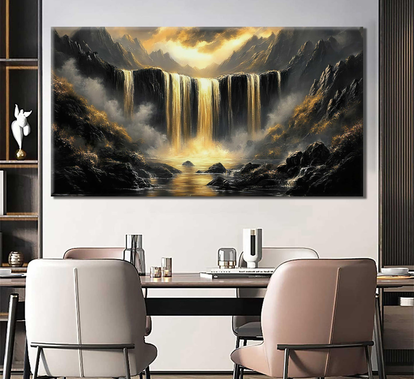 Black Gold Waterfall Canvas Wall Art Abstract Waterfall Wall Decor Mountain Art Posters Pictures for Office for Living Room bedroom Painting Prints Framed