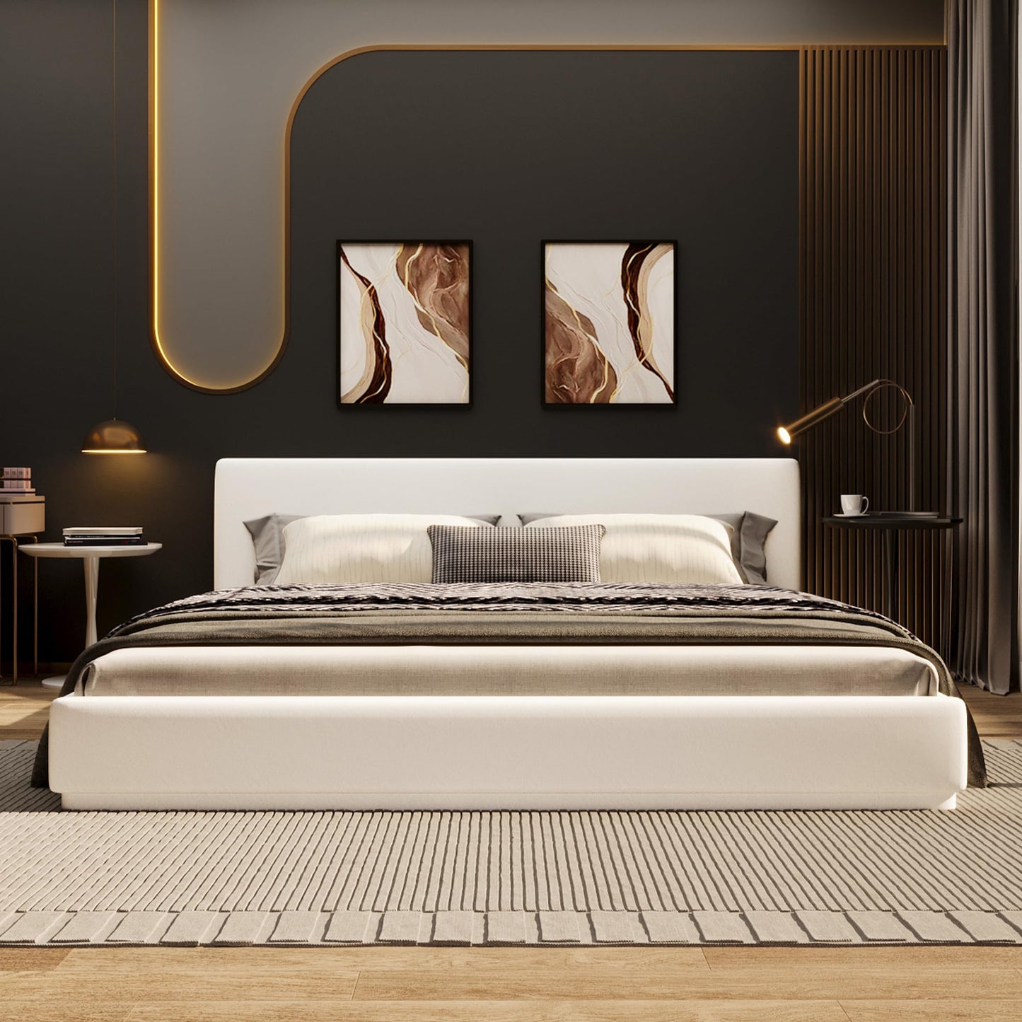 Merax Modern Queen Upholstered Bed Frame with Wingback, Soft Velvet Low Platform Bed, No Box Spring Needed, Easy Assemble, White