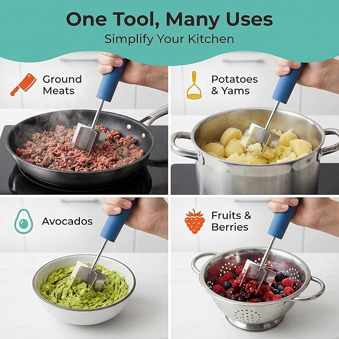 Stainless Steel Meat Chopper & Masher | 6-Blade Ground Beef Chopper Tool | Hamburger Smasher | Oversized Ergonomic Handle | Soft Grip | Dishwasher Safe - 9" (Zippy Green)