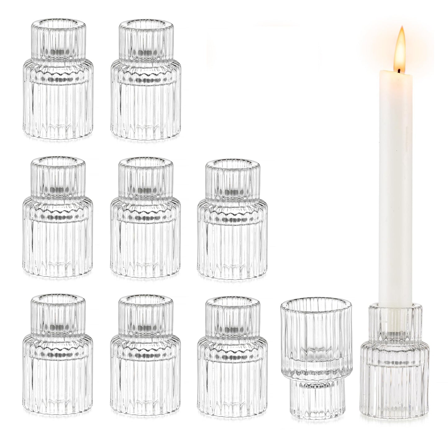 Glasseam Small Candle Stick Holder: Crystal Clear Glass Candle Holder Set of 10, Modern Taper Candle Holders for Table Centerpiece, Ribbed Tapered Candlestick Holders for Dining Room Decoration