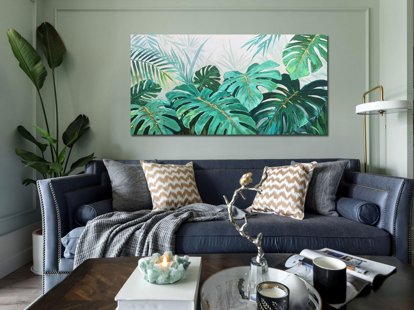 Enartly Tropical Green Leaf Canvas Wall Art Monstera Palm Leaf Painting Jungle Plant Botanical Picture Nature Artwork Print Framed for Living Room Bedroom Bathroom Office Home Decor, Large 40"x20"