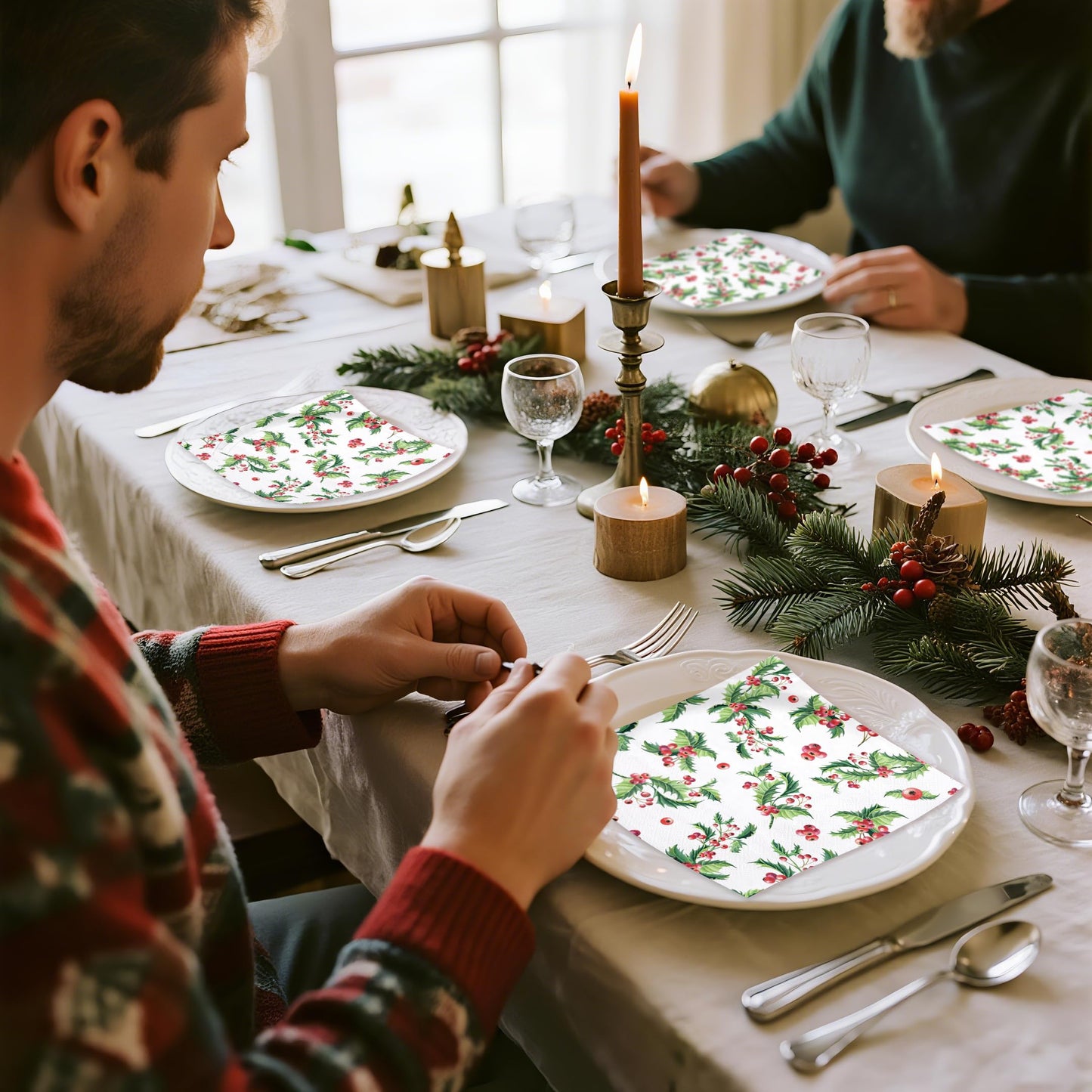 WRAPAHOLIC 50Pcs Christmas Paper Napkins - 3 Ply Xmas Holly Mistletoe Disposable Cocktail Napkin for Christmas Party Supplies Tableware - 5 x 5 In