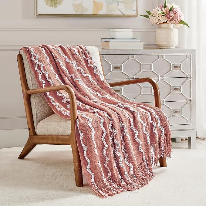 BOURINA Fluffy Chenille Knitted Fringe Throw Blanket Lightweight Soft Cozy for Bed Sofa Chair Throw Blankets, Coral Pink 50" x 60"