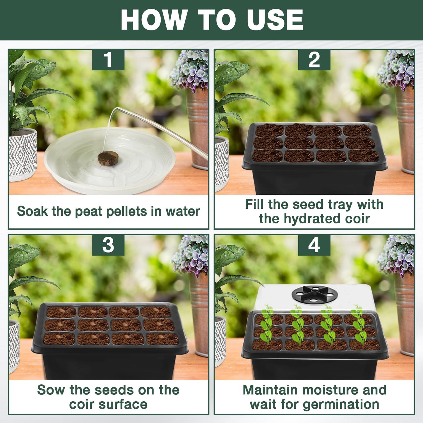 ZeeDix 10 Set Seed Starter Tray Kits, 10 Pack Seed Trays with 150 Pack Coco Coir Pellets, Adjustable Humidity Germination Tray with Dome Lids for Indoor Plants, Mini Greenhouse for Vegetables Garden