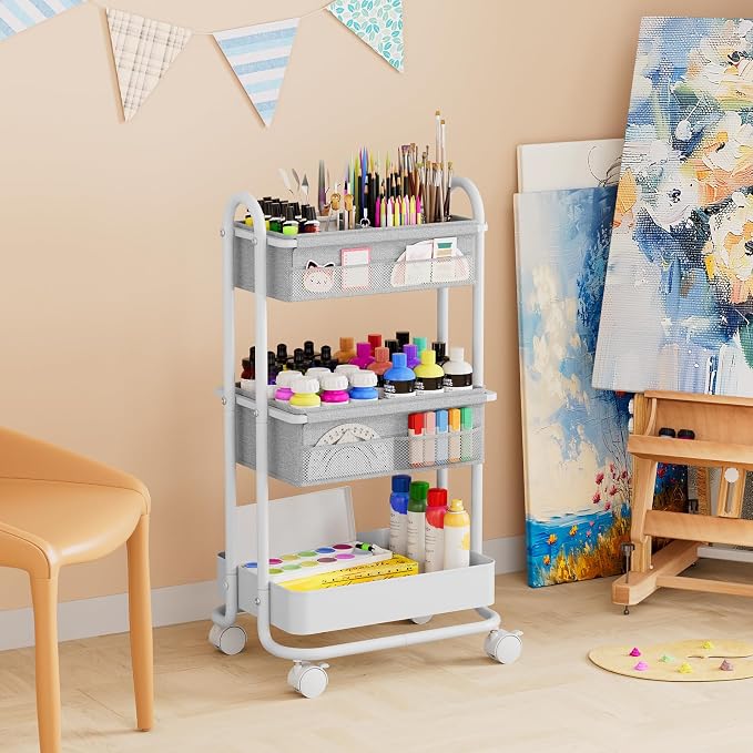 Modanais Baby Diaper Caddy Organizer Cart - 3 Tier Rolling Storage Cart with Wheels, Baby Essentials for Nursery Storage, Detachable Dividers - for Crib, Bedroom, Art & Craft Organizer (Light Gray)