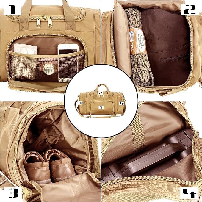 Tactical Travel Duffle Bag with Shoes Compartment Weekender Bags Carry On Overnight Bag For Men and Women Gym Sports Tote Pocket