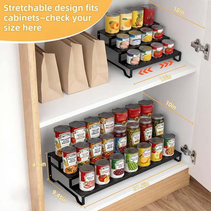 Attelite 3 Tier Expandable Can Rack Organizer for Pantry, Adjustable 13"-21" Metal Soda Can Organizer, Pantry Organization Canned Food Storage Holder for Kitchen Cabinet Countertop, Black 1Pack