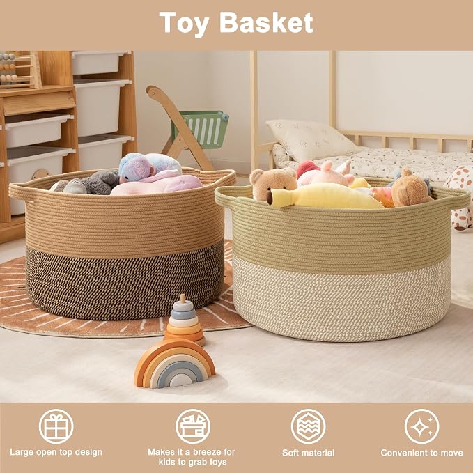 OIAHOMY 90L XXXLarge Blanket Basket for Living Room, 21.7" x 13.8" Woven Cotton Rope Laundry Basket for Organizing Pillows, Decorative Stuffed Animal Toy Storage for Nursery, Jute and White