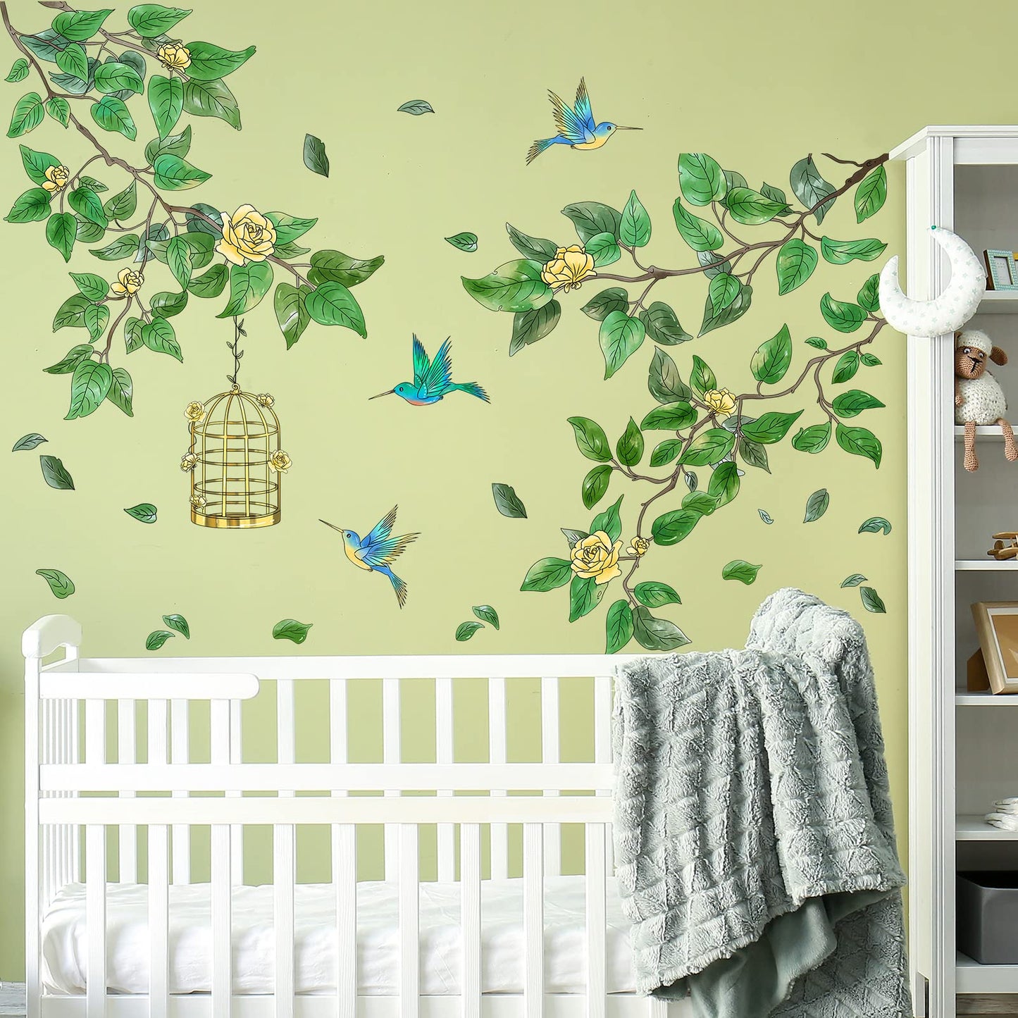 Amaonm Removable PVC Two Tree Branches With Green Leaves wall Sticker DIY Peel and Stick Flower and Birds Wall Decals Decor for Kids Girls Boys Bedroom Living Room Nursery Classroom Playroom Wall Background Decoration