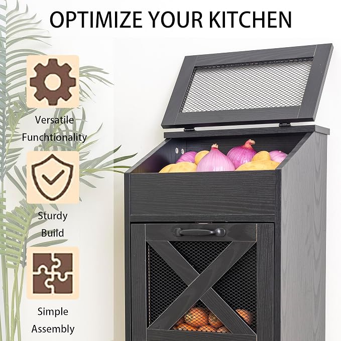 Potato Storage Bin Wooden Bread Box, Mid Century Modern Vegetable Storage Box with Lid, Farmhouse Potato and Onion Storage Cabinet for Kitchen,Black