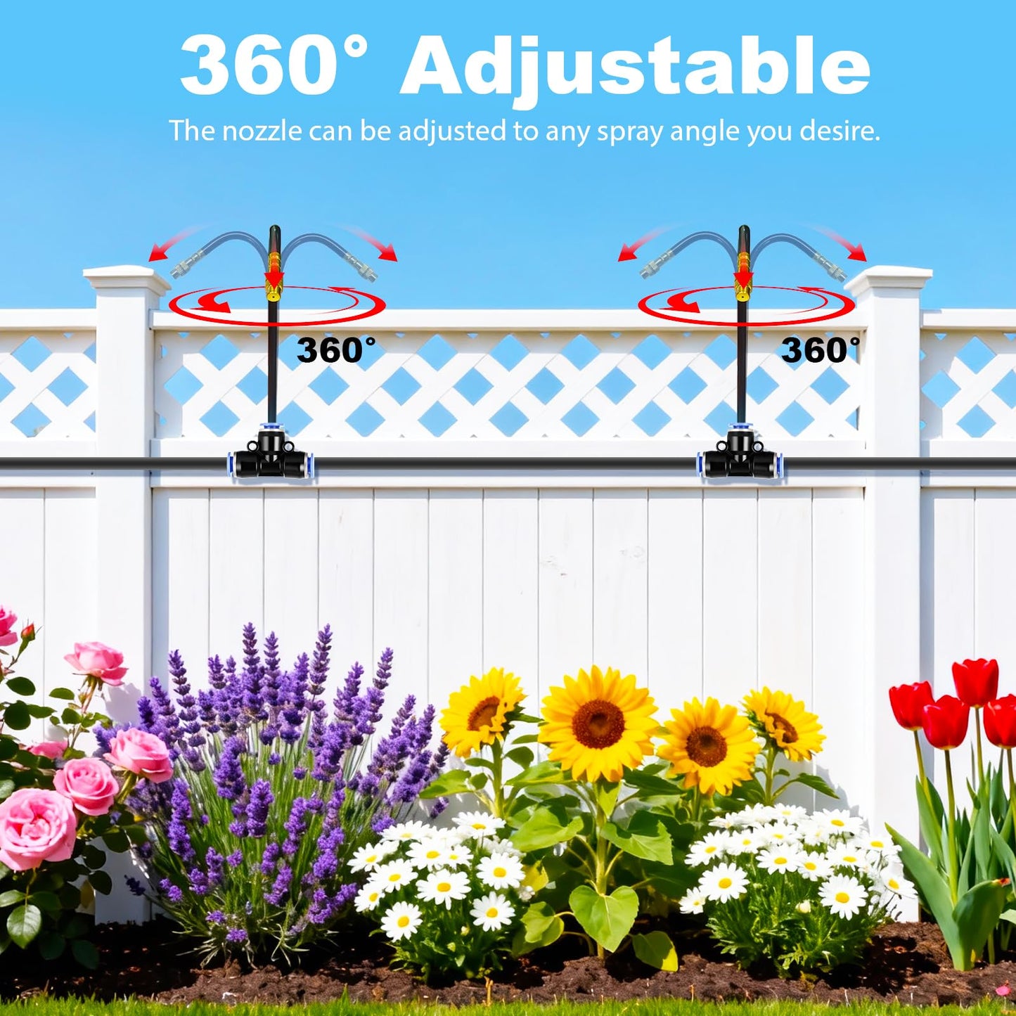 Thiswing 100FT 360° Adjustable Irrigation System for Garden – 1/4" Tubing with 18 Nozzles, Watering Misting System, Sprinkler for Garden, Raised Bed, Lawn, Plants