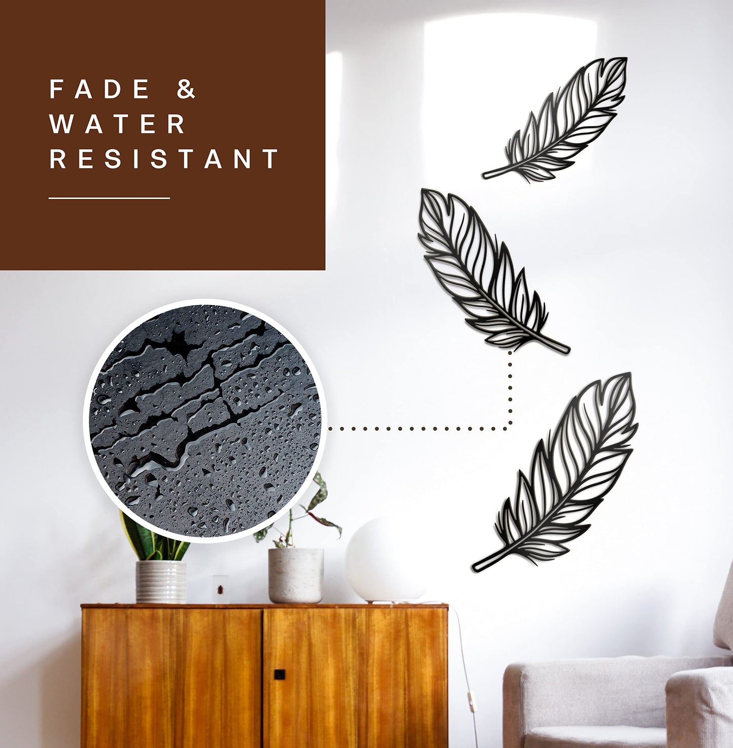 Vivegate 3 PCS Metal Feather Sign Metal Wall Decor - 17"X17" 3 PCS Black Modern Beautiful Boho Feathers Farmhouse Metal Wall Signs for Hanging Any Room Wall Art Decor