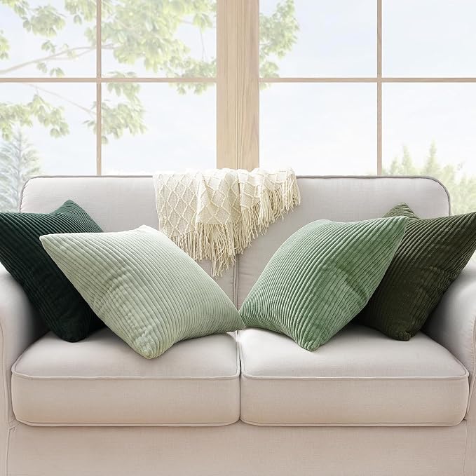 Topfinel Light Green Decorative Throw Pillow Covers Green Series,Winter Fluffy Corduroy Striped Euro Pillows Shams for Couch Bed Bedroom,Western Modern Hunter Green Pillowcase 26x26 Inch Set of 4