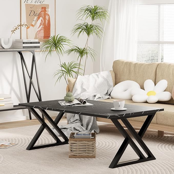 Wolawu Coffee Table Living Room Table Black Center Table, Simple Modern Faux Marble Rectangular Tea Table with Sturdy Black-Finished Metal Frame,Industrial Wooden Coffee Table for Bedroom Home Office