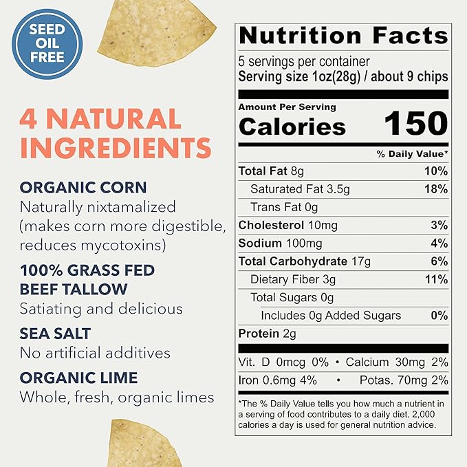 MASA Chips - Lime Flavored Tortilla Chips, Handmade Corn Chips & Crisps - Naturally Grown White Corn, Made with Grass Fed Tallow & Sea Salt - 2 Pack, 5 Ounce Each