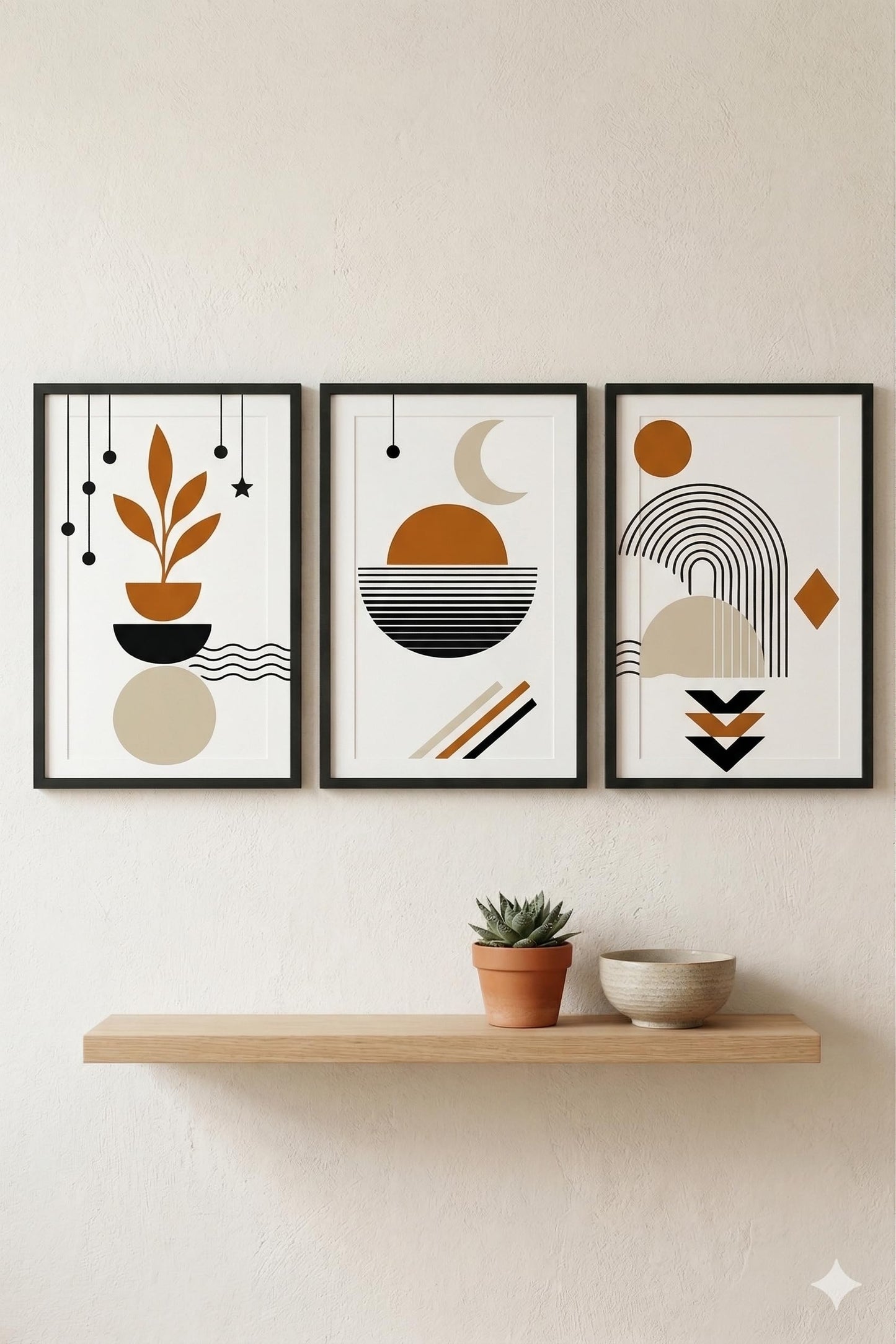 Throwback Traits Boho Abstract Wall Art Set of 3 Framed Prints 20x30, Celestial Moon Botanical Living Room Decor, Terracotta Earth Tones Gallery Wall Set, Ready to Hang