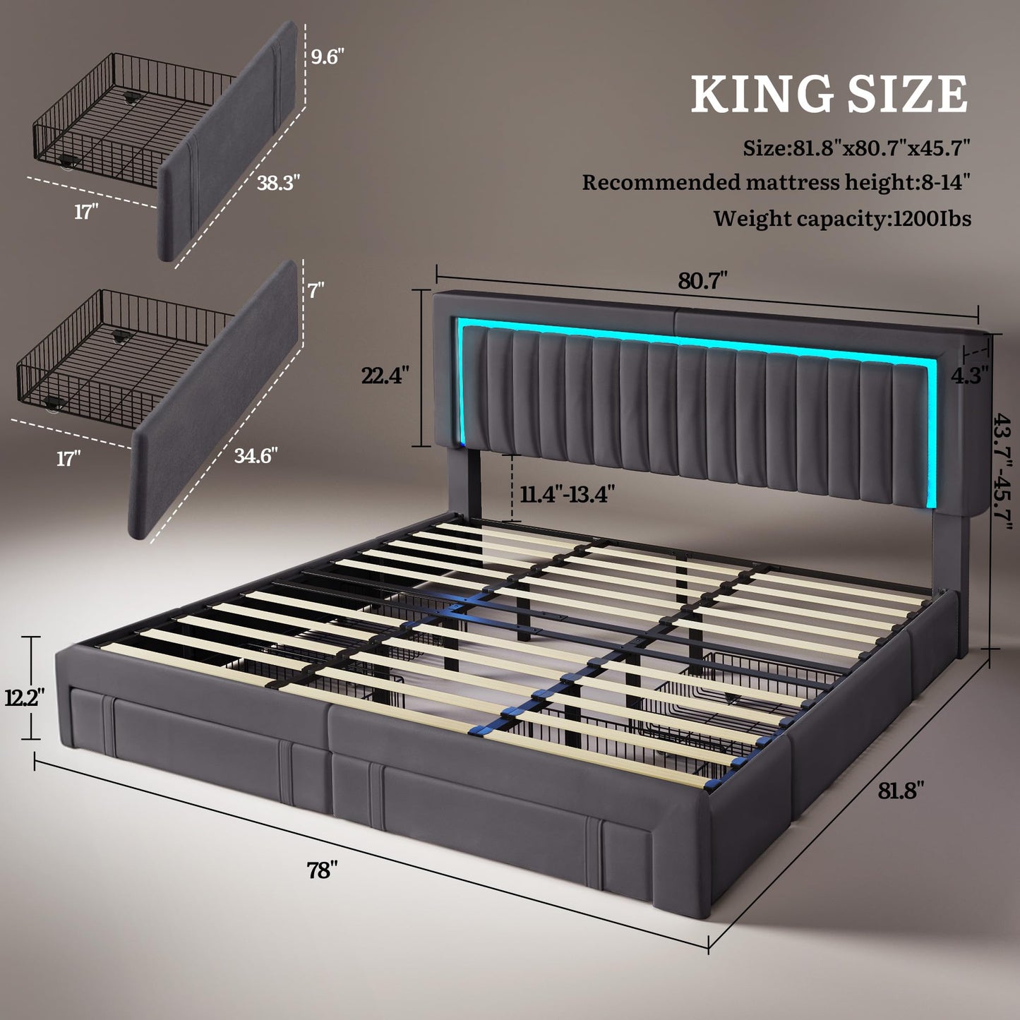 YITAHOME King Size Bed Frame with Adjustable Headboard, 4 Storage Drawers and RGB LED Lights, Velvet Upholstered Platform Bed with USB Ports, No Box Spring Needed, Fast Assembly, Noise-Free, Dark Grey