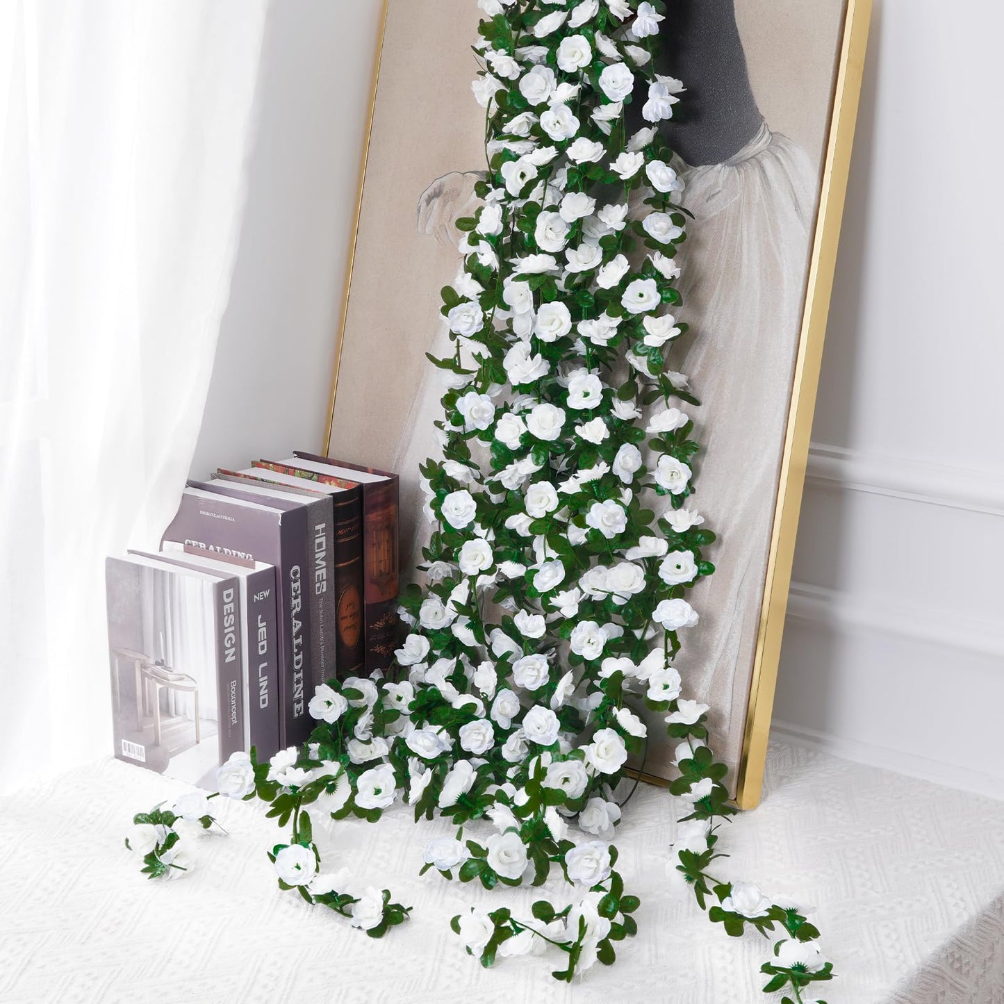 BLEUM CADE 2Pcs 16.4Ft Flower Garland Artificial Rose Vines for Bedroom, Cute Fake Hanging Flower Vines Floral Garland Decorations for Wedding Party Wall Room Decor Aesthetic