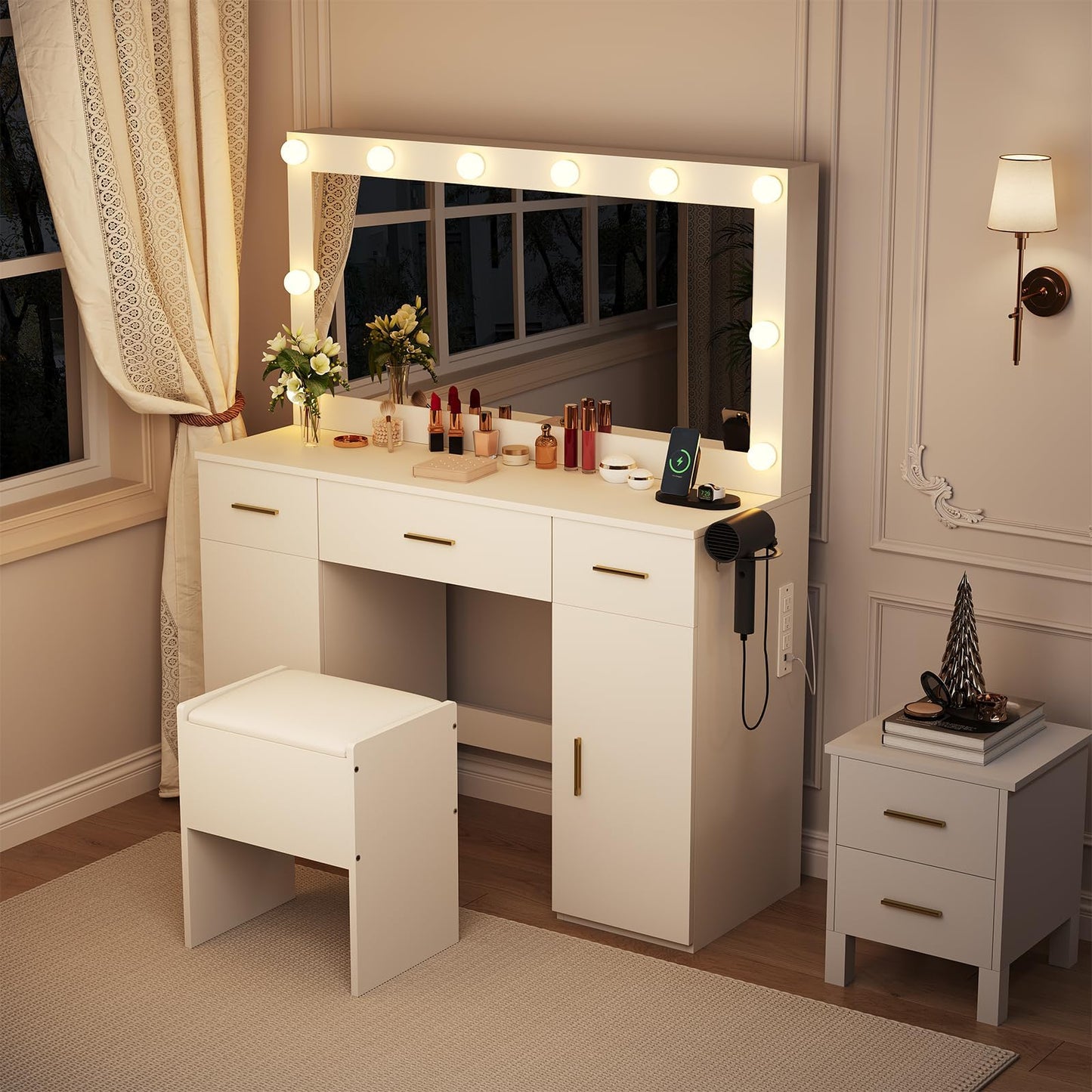 45" Vanity Desk with Large Mirror and Lights, Makeup Vanity Desk with 3 Color Lighting, 3 Drawers, 2 Cabinets, Power Outlets, Hair Dryer Rack, White Dressing Table Set with Hidden Storage Stool