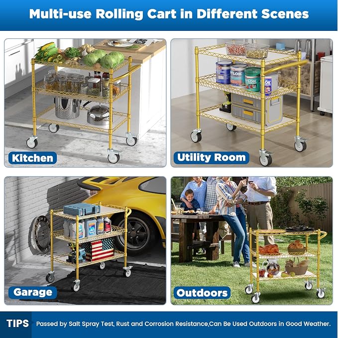 Leteuke 3 Tier Rolling Carts with Wheels,Heavy Duty Utility Bar Cart,NSF Commercial Grade Metal Cart with Handle&Shelf Liner,Trolley Serving Cart for Kitchen,Restaurant,Plant Display,Gold