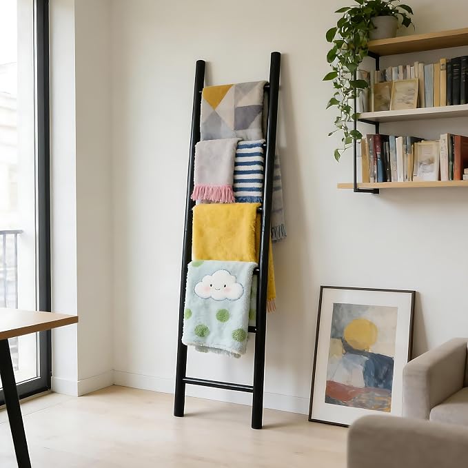Wooden Blanket Ladder - 76in Natural & Motley Wood - Leaning Wall Decor for Bedroom, Bathroom, Living Room - Rustic Quilt Holder & Towel Rack (Black, 76in | Pre Assembled)