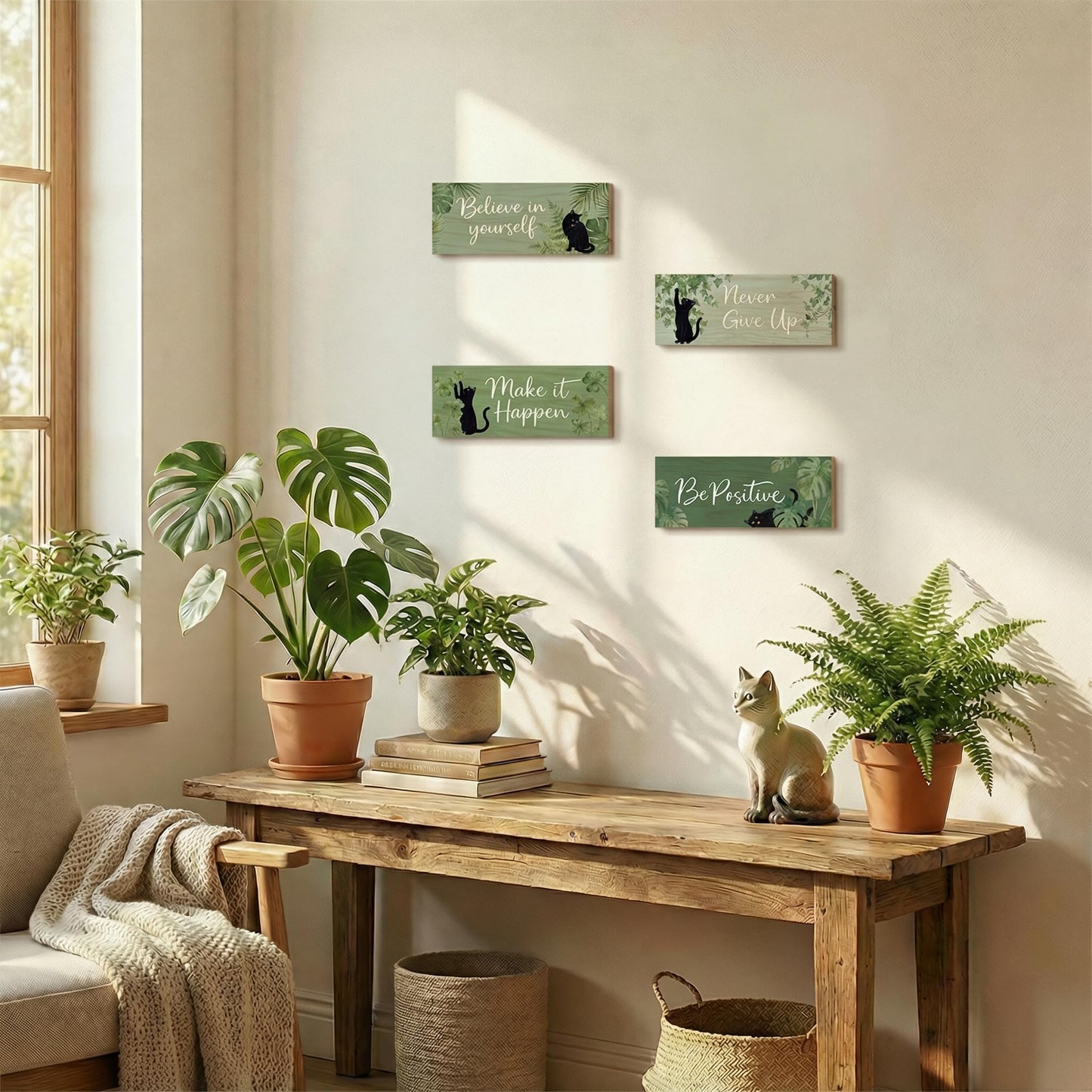 4Pcs Sage Green Office Decor for Women Inspirational Wooden Wall Decor for Office Home Sage Green Black Cat Wall Art Motivational Quotes Wooden Signs Set Positive Affirmations for Bedroom Work