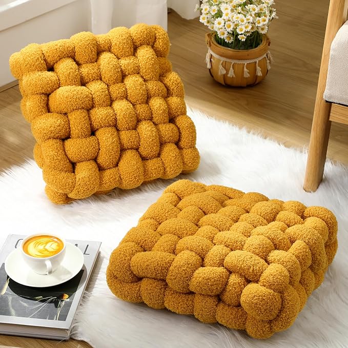 Wenqik 2 Pcs Knot Pillows Square Knotted Plush Throws Soft Accent Pillows Decoration Cushion for Couch Home Office Living Room Bedroom Bed Sofa Decor, 12'' x 13''(Ginger Yellow,Lambswool)
